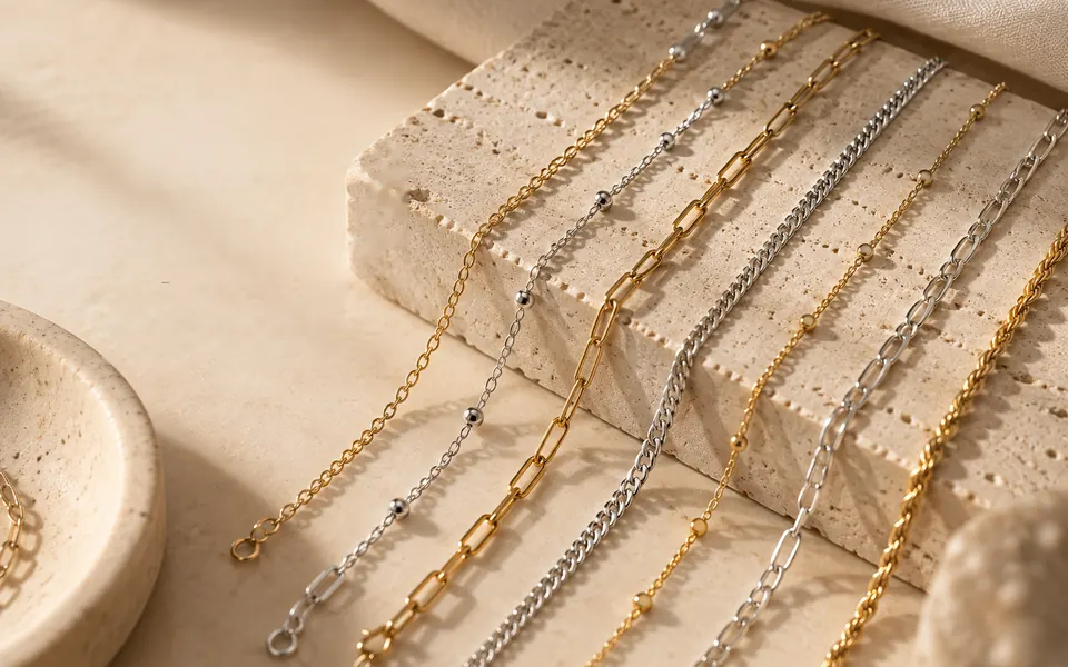 Fine gold and sterling silver chains laid across warm travertine stone
