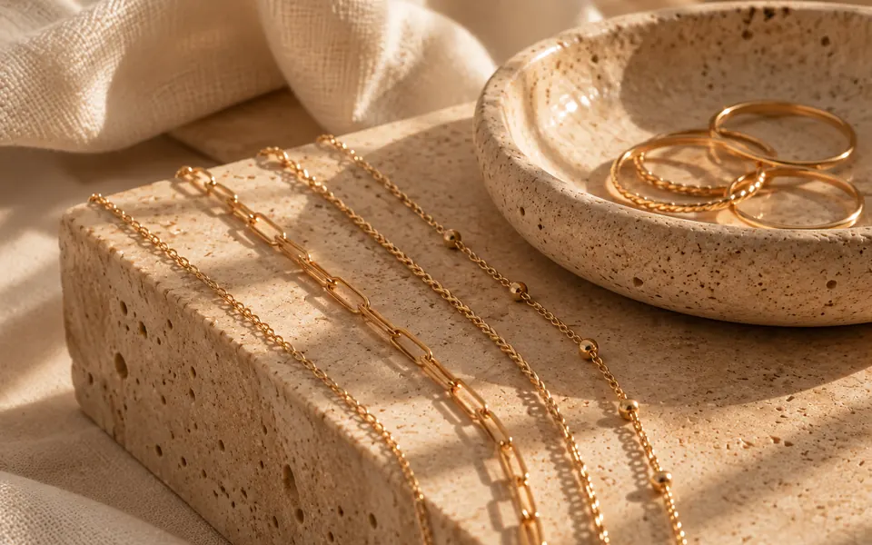 14K gold-filled chains and fine gold rings resting on stone with soft linen