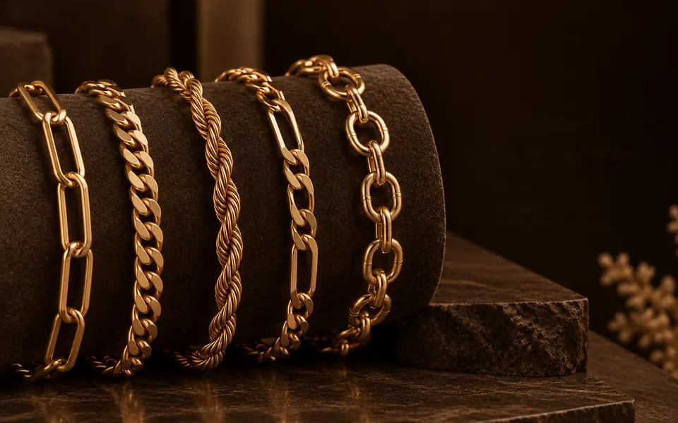 Bold gold chains in paperclip, curb, rope and link styles on a dark espresso display