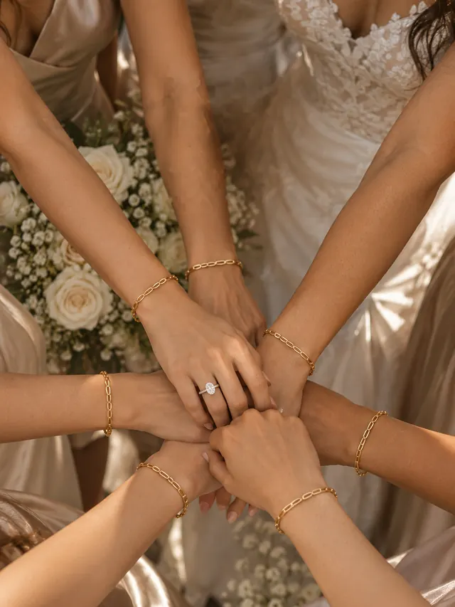 A bridal party's hands gathered together, each wearing a matching gold chain bracelet