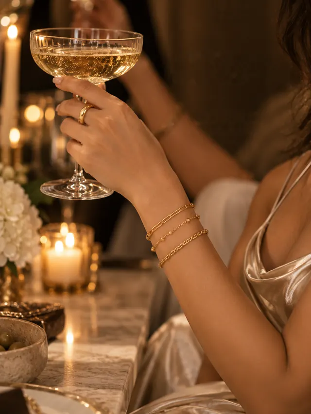 A woman raising a champagne coupe at an evening gathering, wearing a stack of gold bracelets