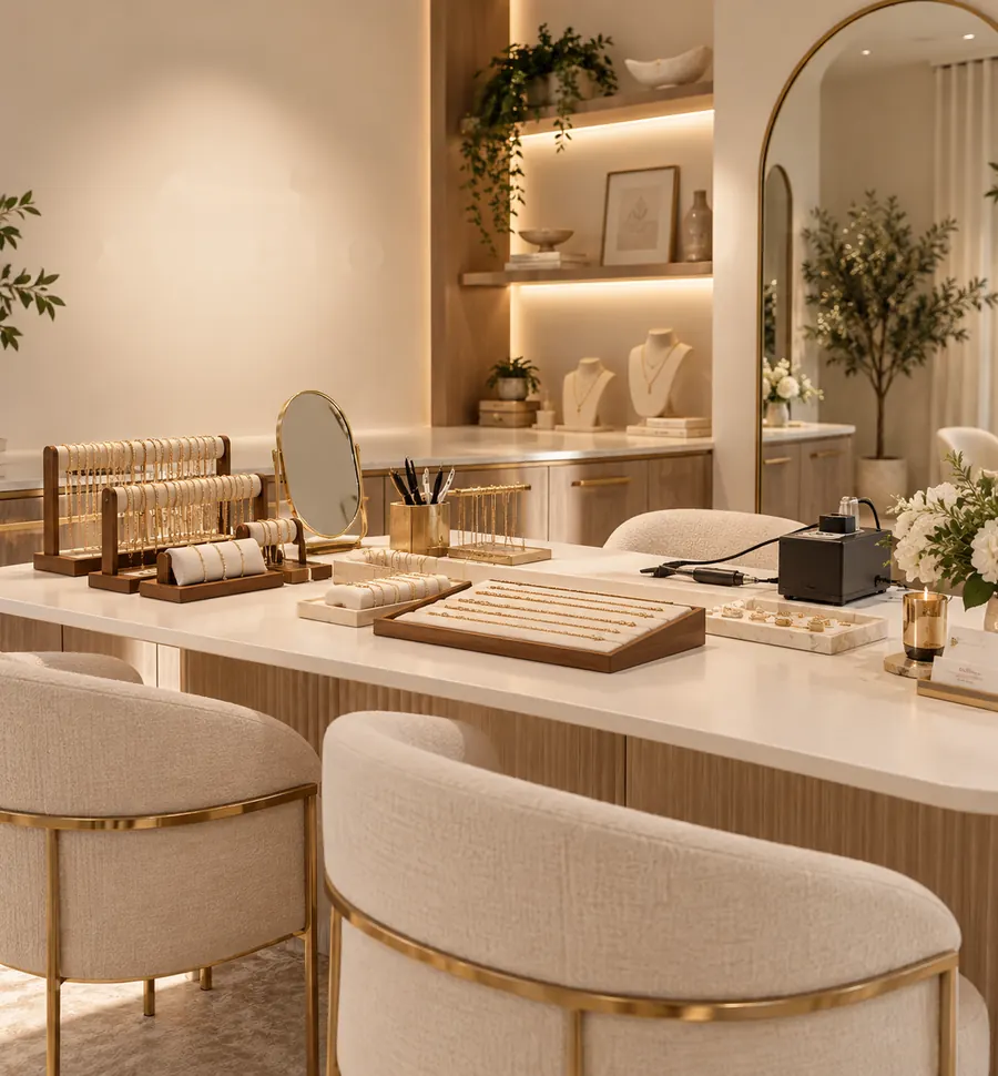 The Lume Haus studio: a bright styling table with trays of fine chains, a mirror, boucle chairs and fresh flowers